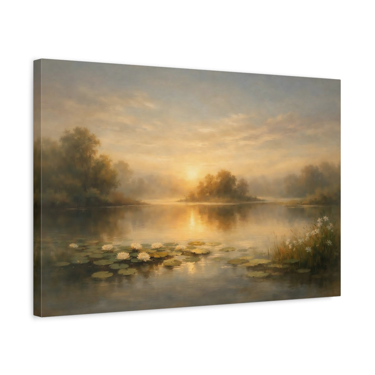 Side Mockup 3. Nature Lake Sunset Golden Lake Landscape shown as stretched canvas wall art