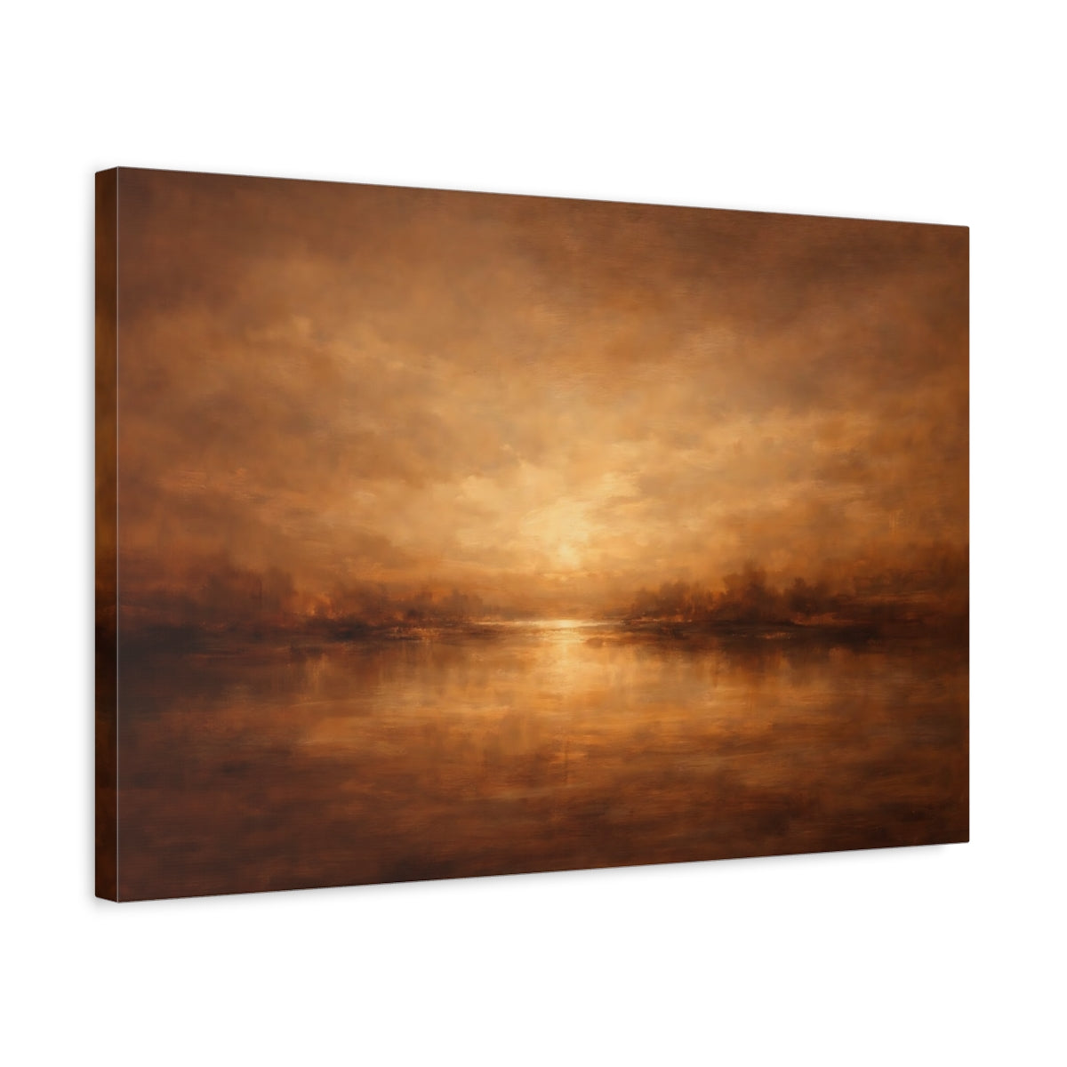 Side Mockup 3. Nature Lake Sunset Golden Landscape shown as stretched canvas wall art