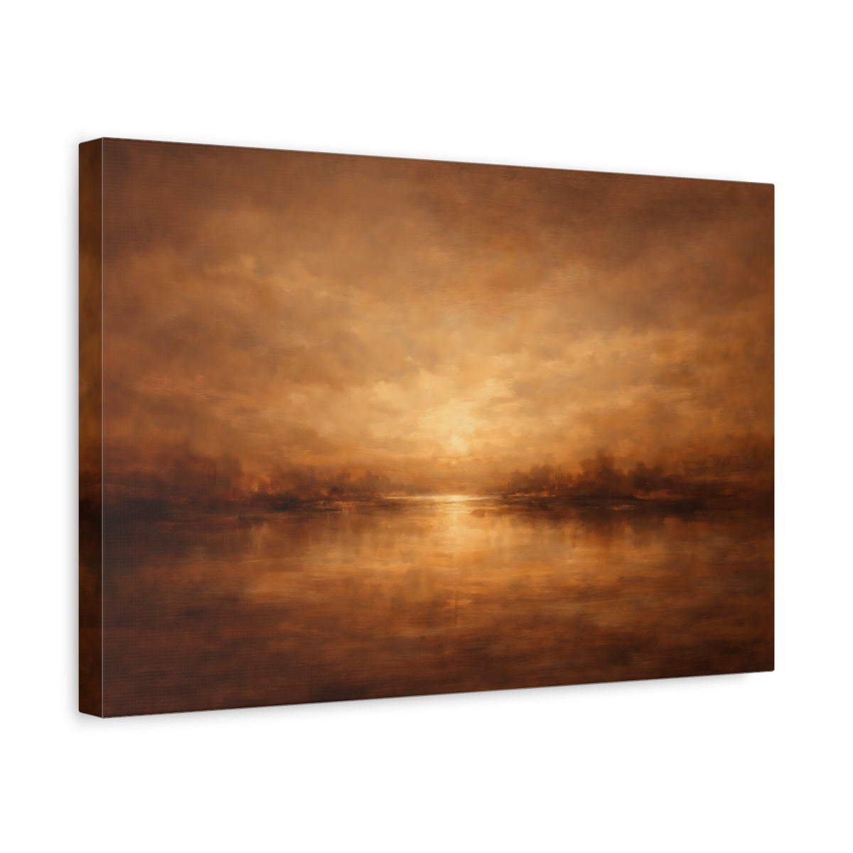 Side Mockup 4. Nature Lake Sunset Golden Landscape shown as stretched canvas wall art