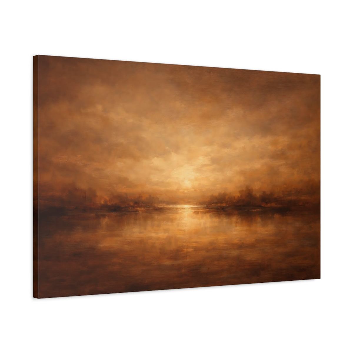 Side Mockup 1. Nature Lake Sunset Golden Landscape shown as stretched canvas wall art