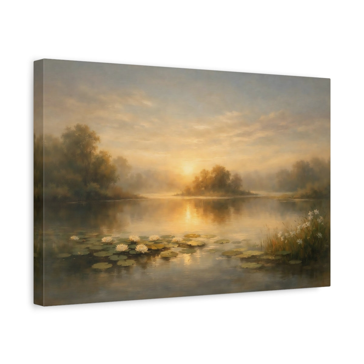 Side Mockup 4. Nature Lake Sunset Golden Lake Landscape shown as stretched canvas wall art