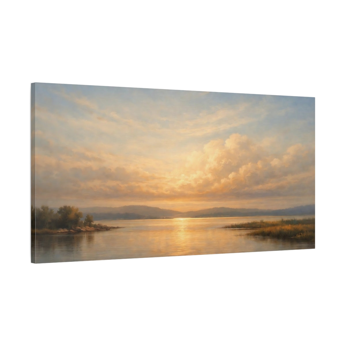 Side Mockup 1. Nature Lake Sunset Golden Sunset Landscape shown as stretched canvas wall art