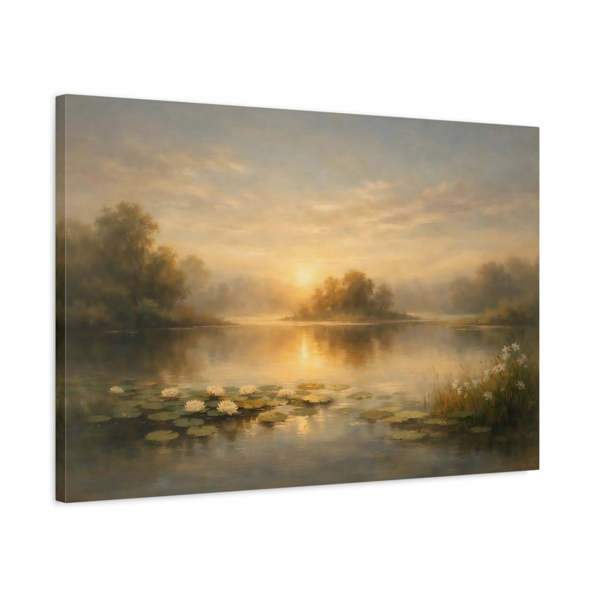 Side Mockup 2. Nature Lake Sunset Golden Lake Landscape shown as stretched canvas wall art