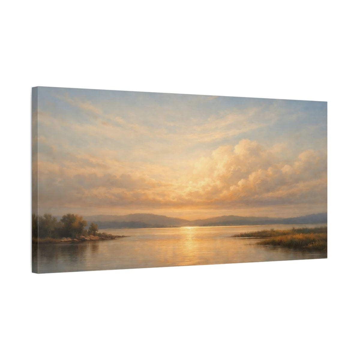Side Mockup 2. Nature Lake Sunset Golden Sunset Landscape shown as stretched canvas wall art