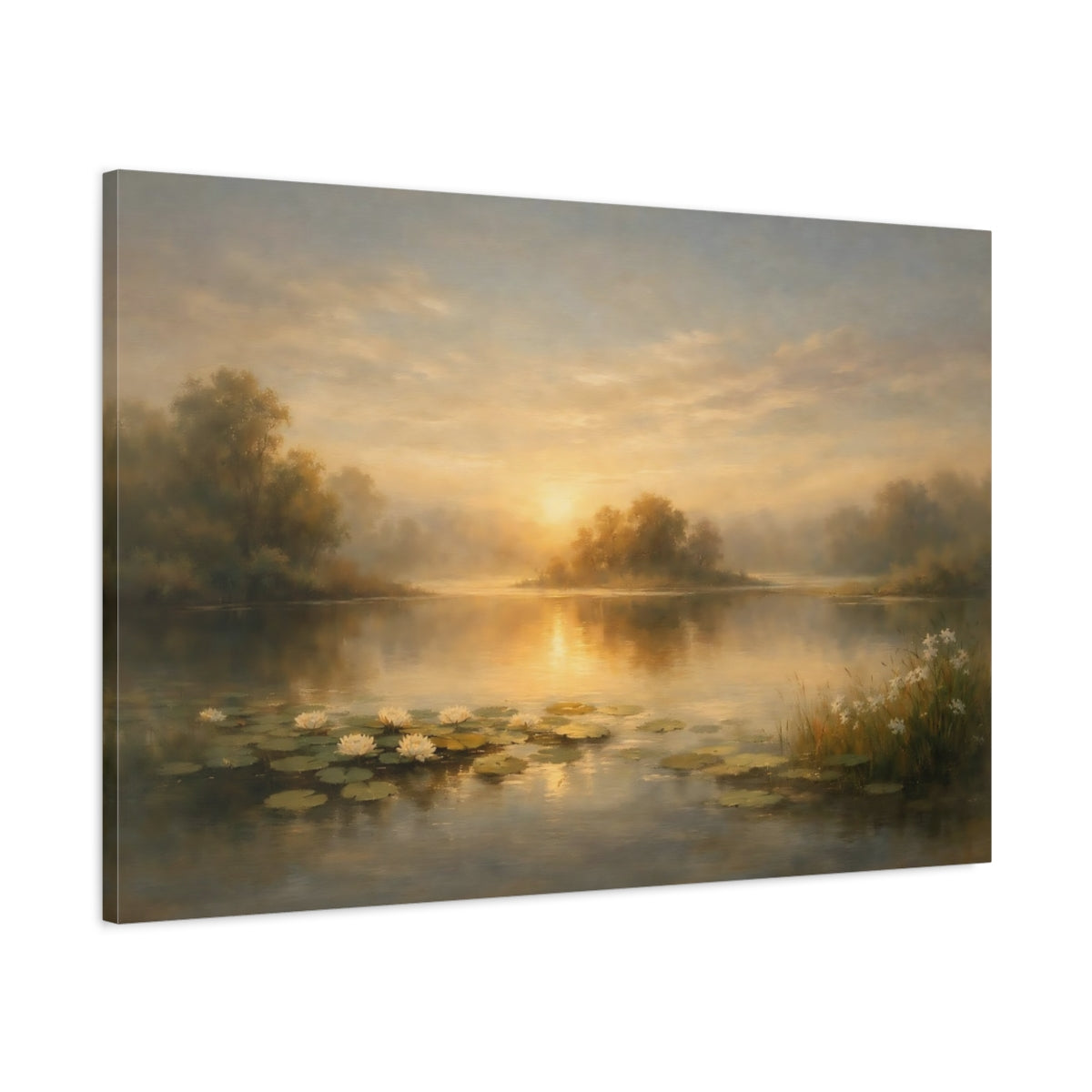Side Mockup 1. Nature Lake Sunset Golden Lake Landscape shown as stretched canvas wall art