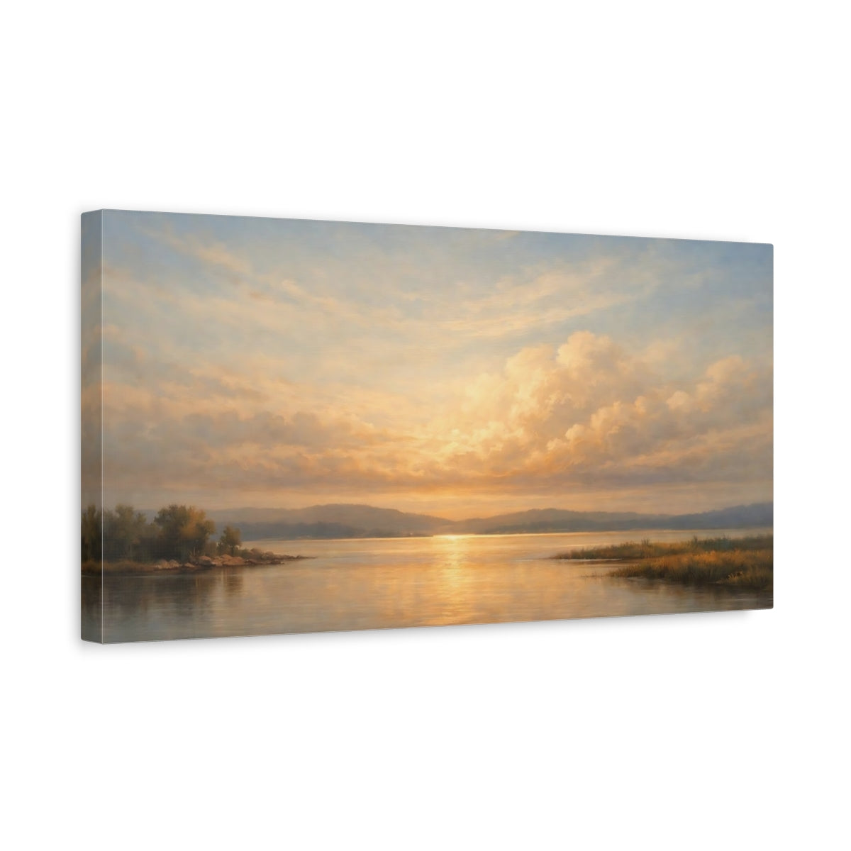 Side Mockup 3. Nature Lake Sunset Golden Sunset Landscape shown as stretched canvas wall art