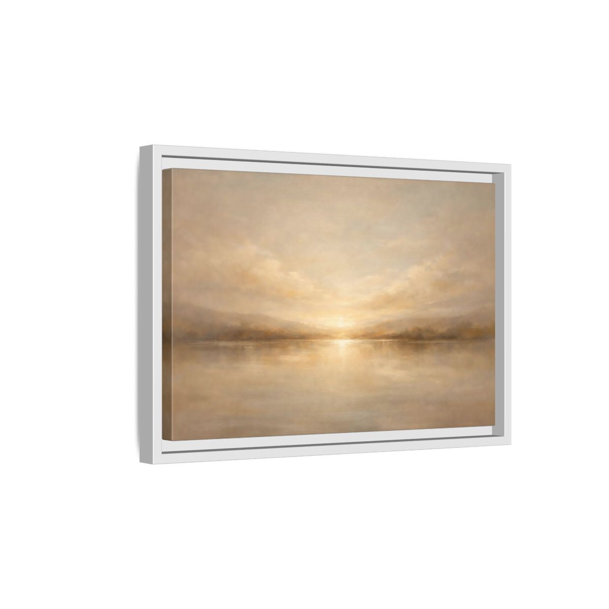 Side Mockup 4. Nature Lake Sunset Golden Landscape shown as stretched canvas wall art
