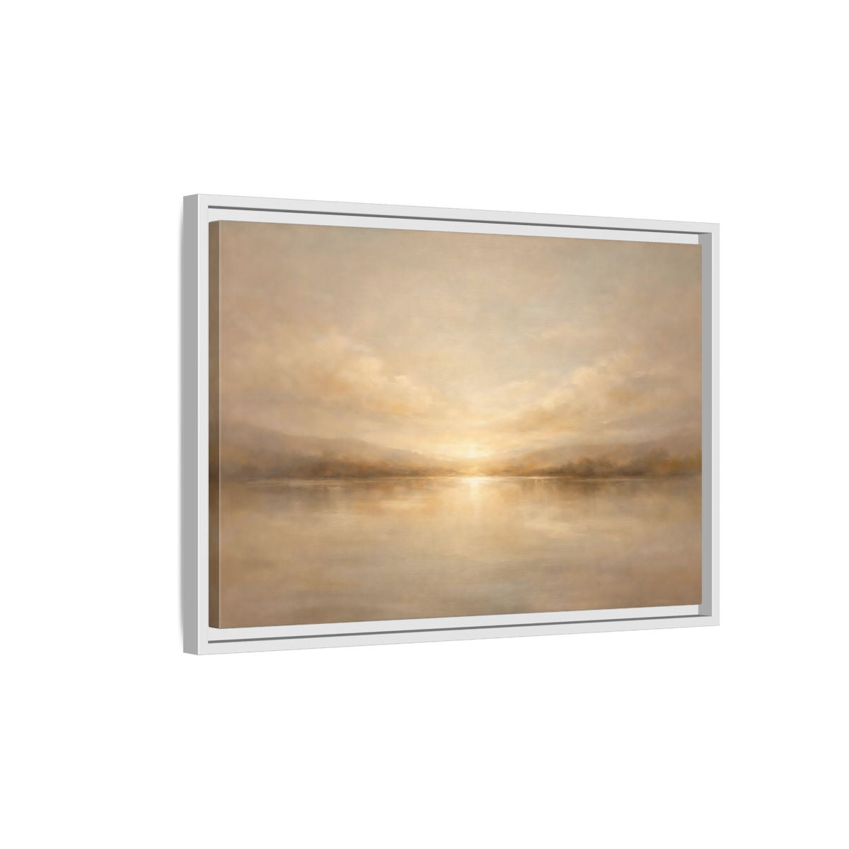 Side Mockup 1. Nature Lake Sunset Golden Landscape shown as stretched canvas wall art