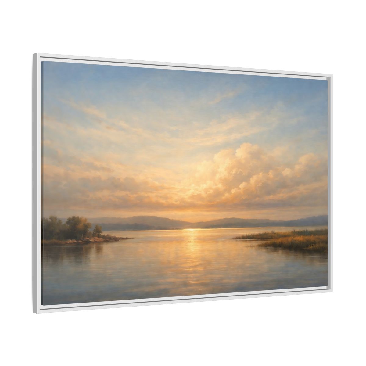 Side Mockup 7. Nature Lake Sunset Golden Sunset Landscape shown as stretched canvas wall art