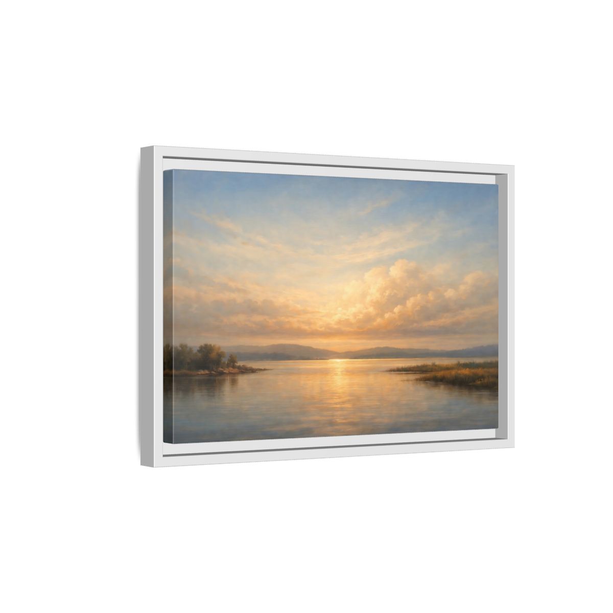 Side Mockup 4. Nature Lake Sunset Golden Sunset Landscape shown as stretched canvas wall art
