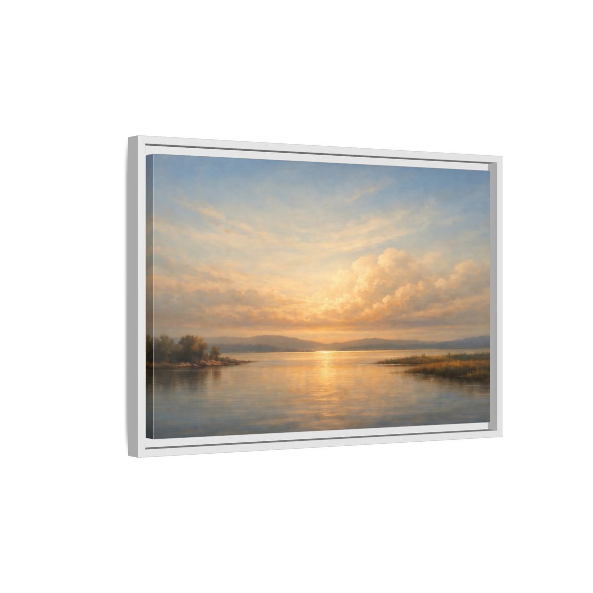 Side Mockup 1. Nature Lake Sunset Golden Sunset Landscape shown as stretched canvas wall art