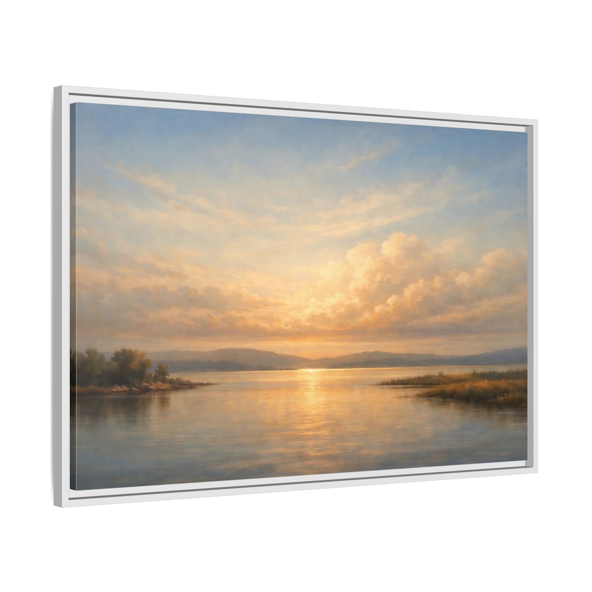 Side Mockup 8. Nature Lake Sunset Golden Sunset Landscape shown as stretched canvas wall art
