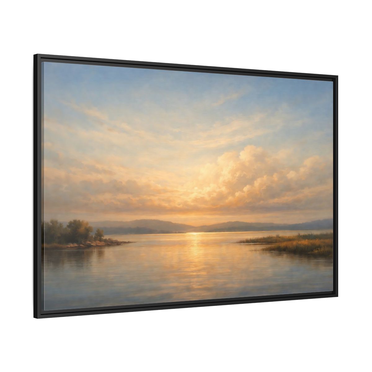 Side Mockup 12. Nature Lake Sunset Golden Sunset Landscape shown as stretched canvas wall art