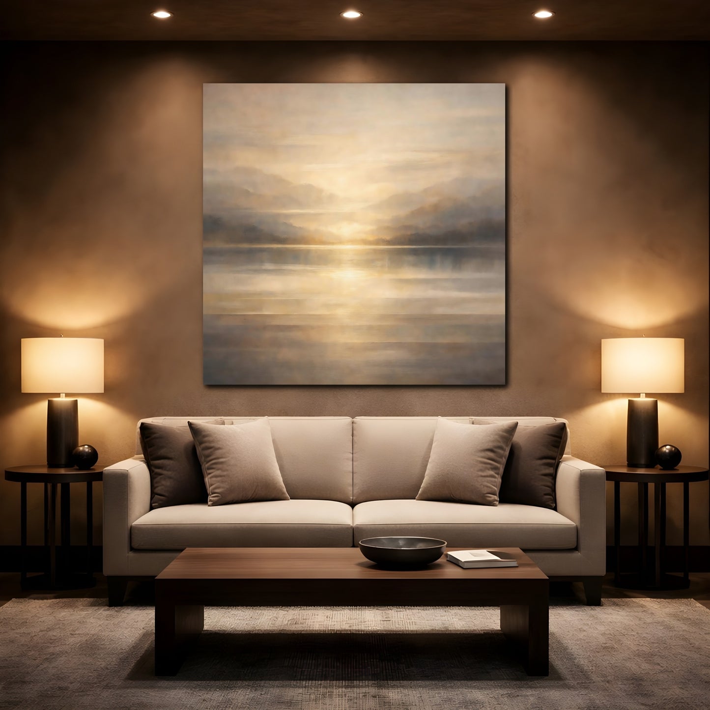 Mockup 2. Nature Lake Sunset Golden Landscape shown as stretched canvas wall art