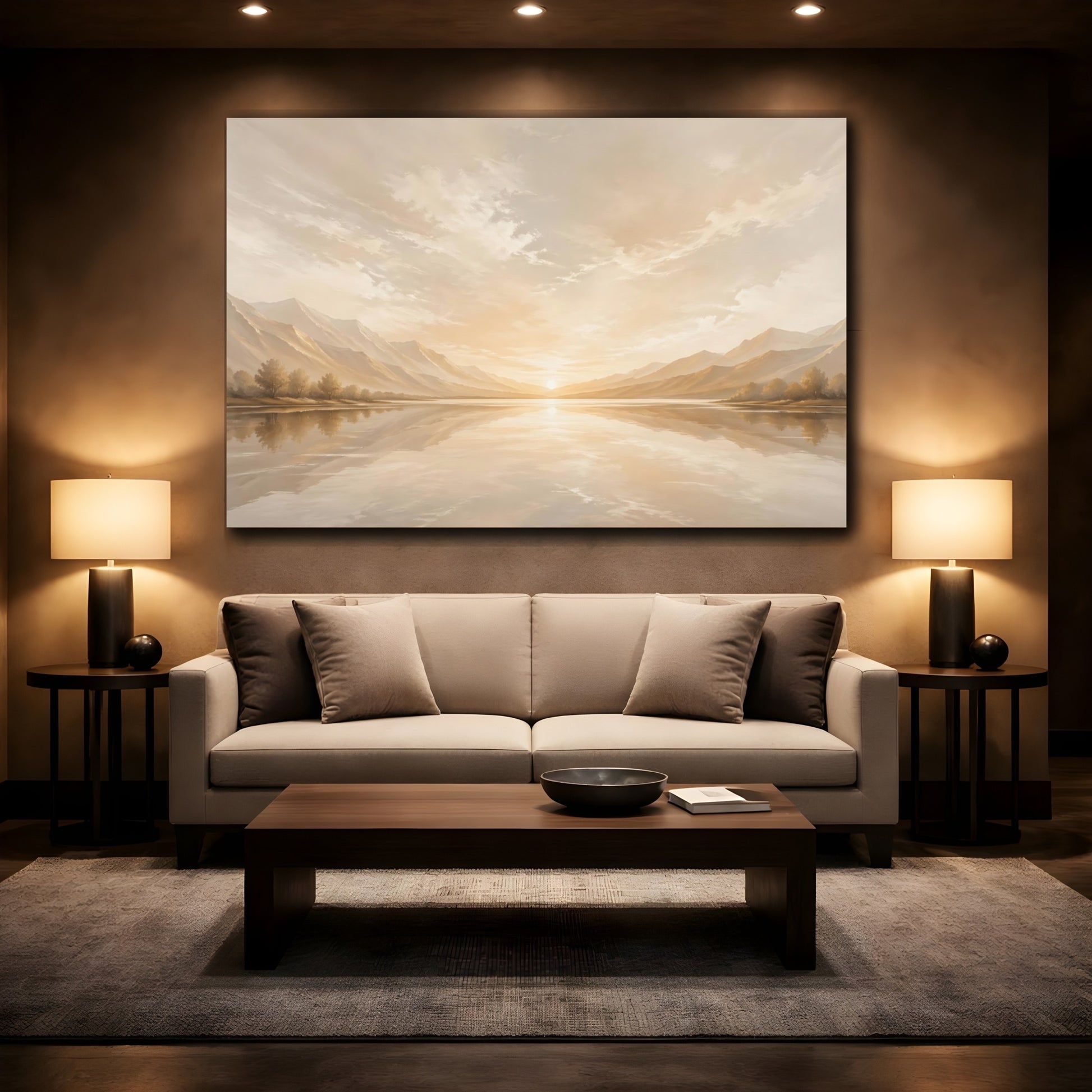 Mockup 2. Nature Lake Sunset Golden Landscape shown as stretched canvas wall art