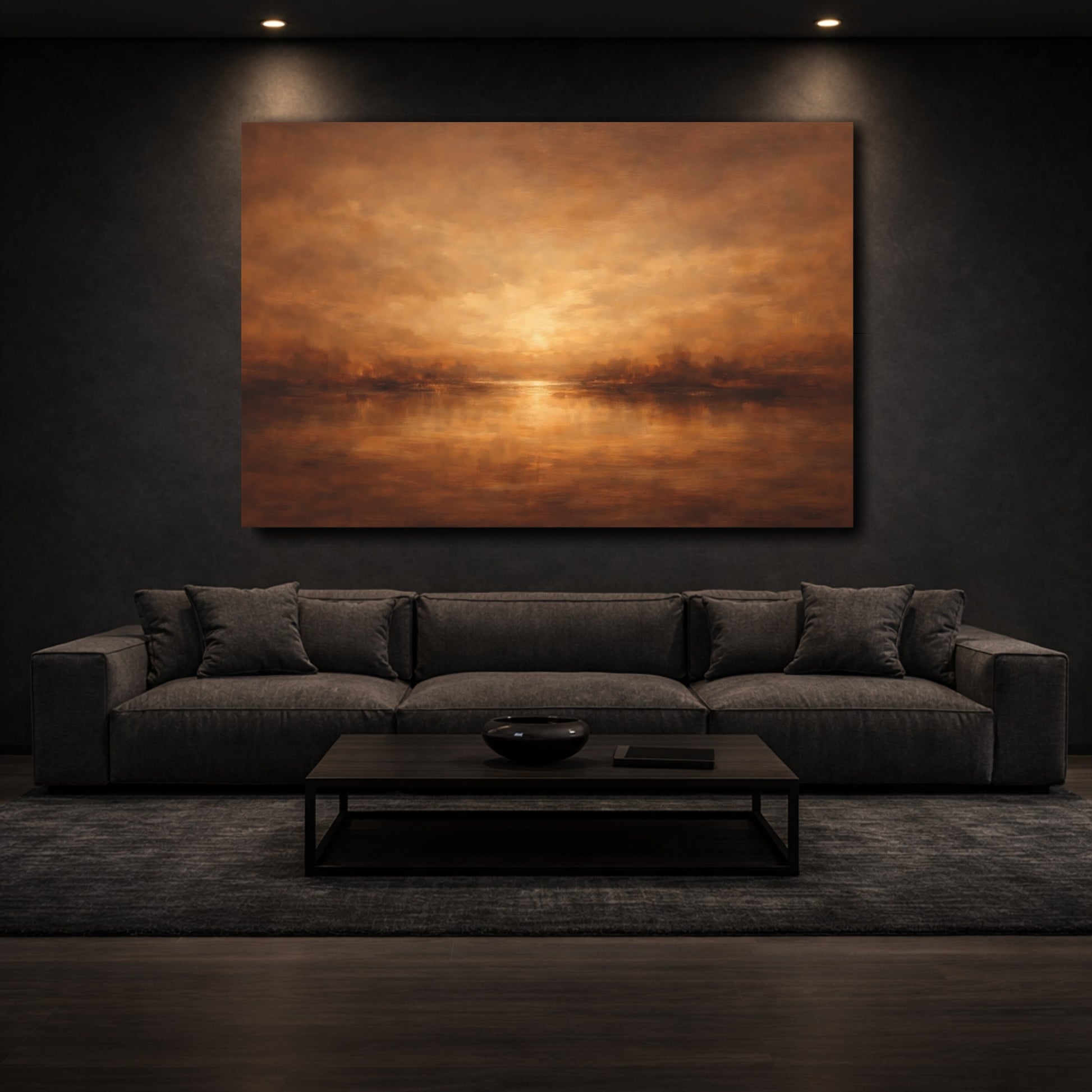 Mockup 2. Nature Lake Sunset Golden Landscape shown as stretched canvas wall art