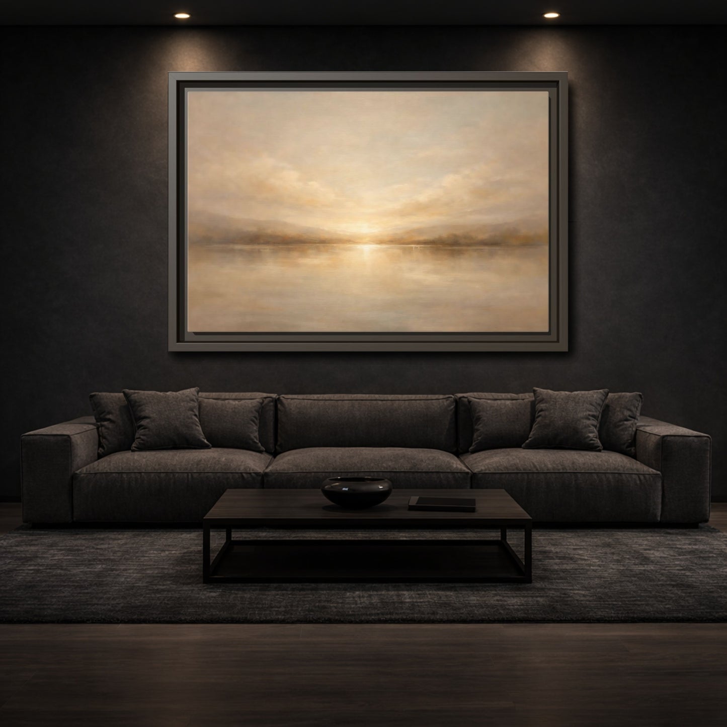 Mockup 2. Nature Lake Sunset Golden Landscape shown as stretched canvas wall art