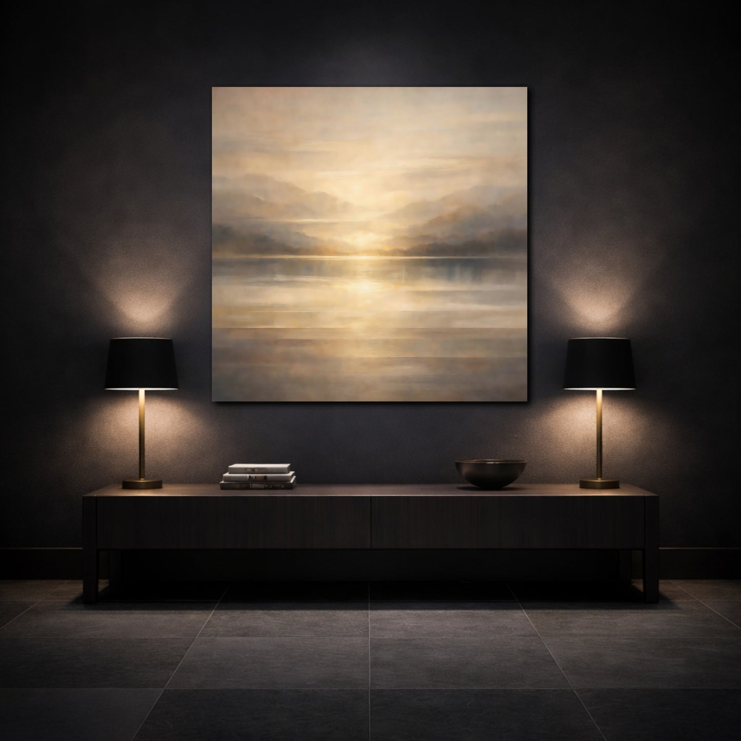 Mockup 3. Nature Lake Sunset Golden Landscape shown as stretched canvas wall art