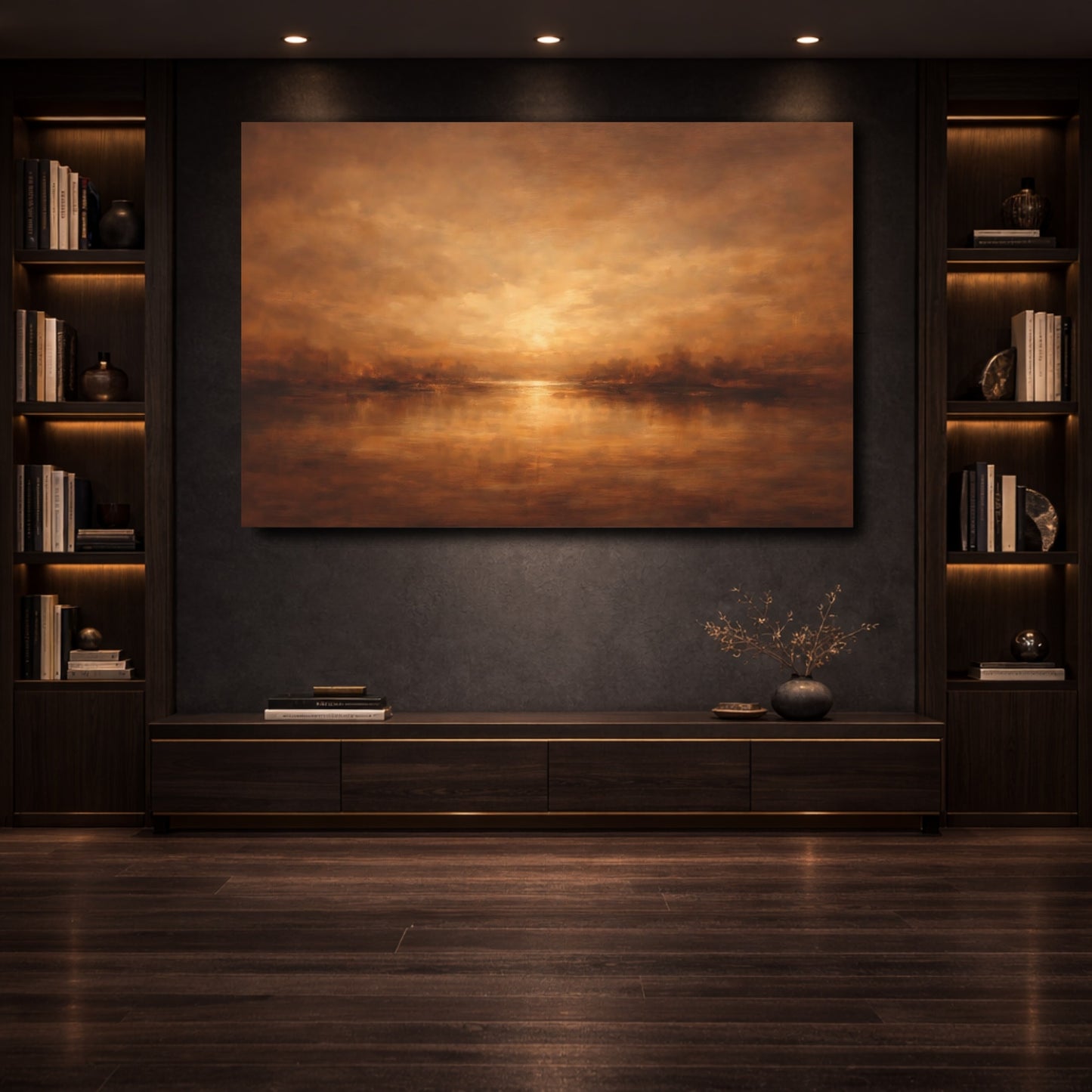 Mockup 3. Nature Lake Sunset Golden Landscape shown as stretched canvas wall art