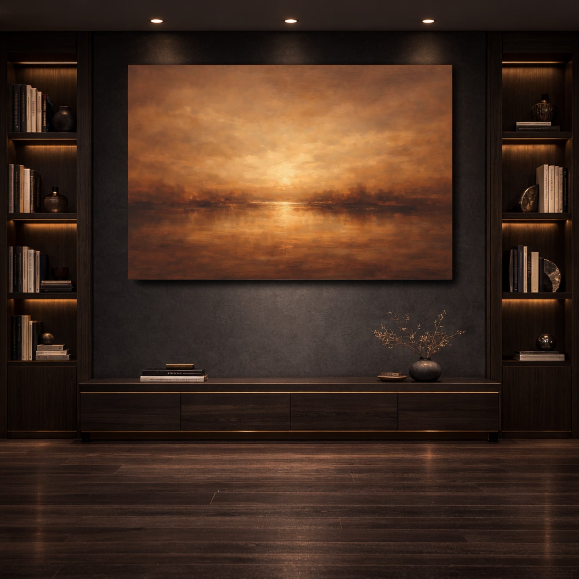 Mockup 3. Nature Lake Sunset Golden Landscape shown as stretched canvas wall art