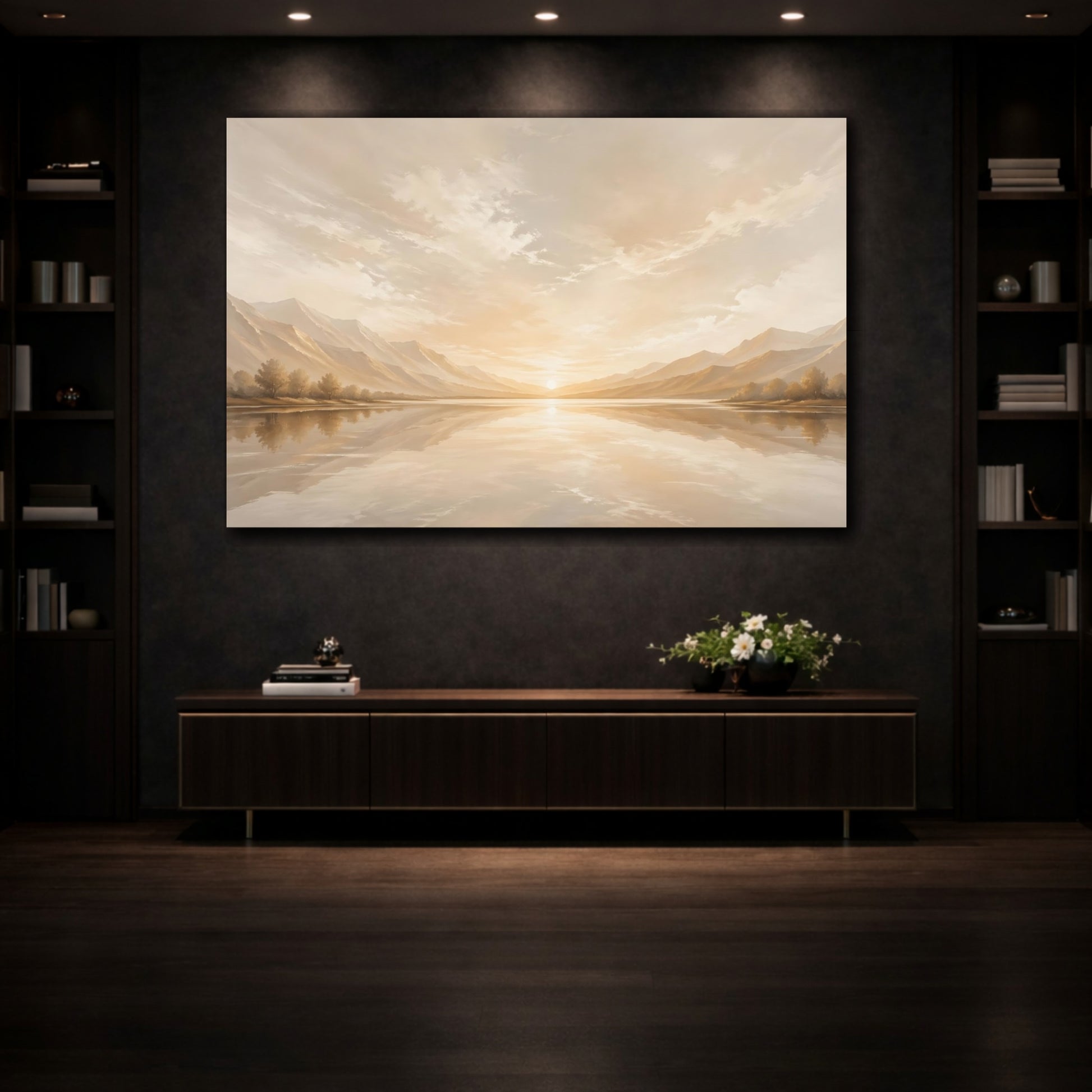 Mockup 3. Nature Lake Sunset Golden Landscape shown as stretched canvas wall art