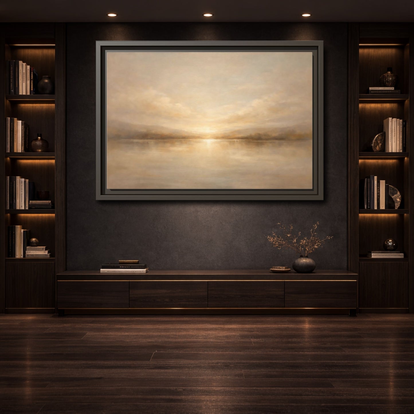 Mockup 3. Nature Lake Sunset Golden Landscape shown as stretched canvas wall art