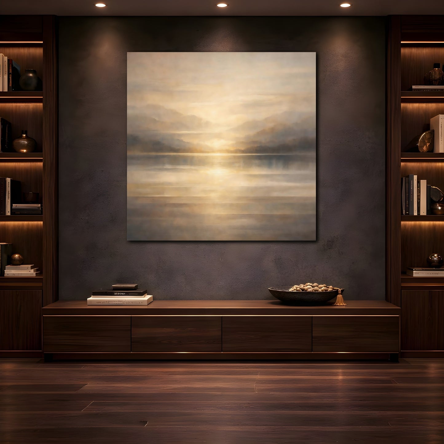 Mockup 4. Nature Lake Sunset Golden Landscape shown as stretched canvas wall art