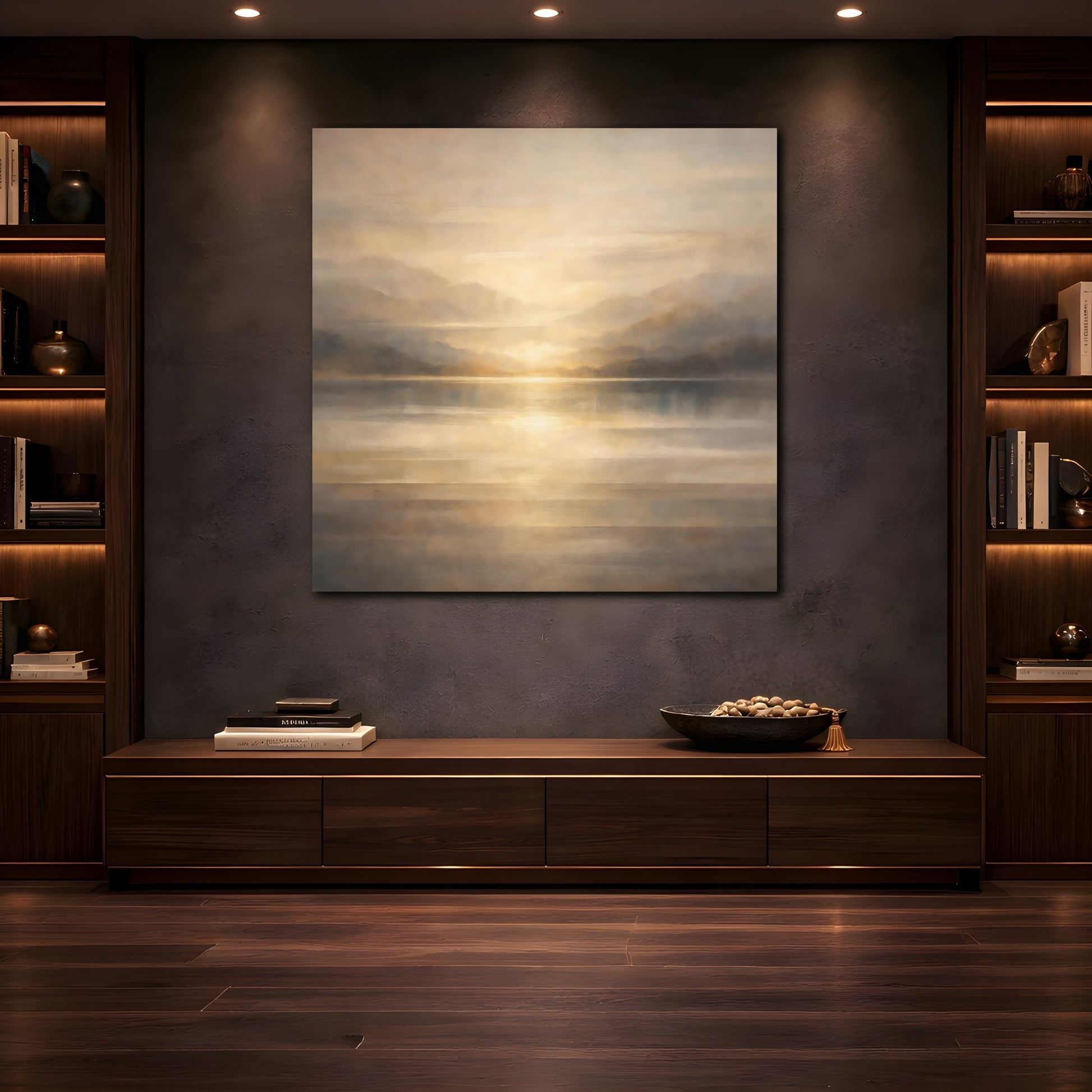 Mockup 4. Nature Lake Sunset Golden Landscape shown as stretched canvas wall art