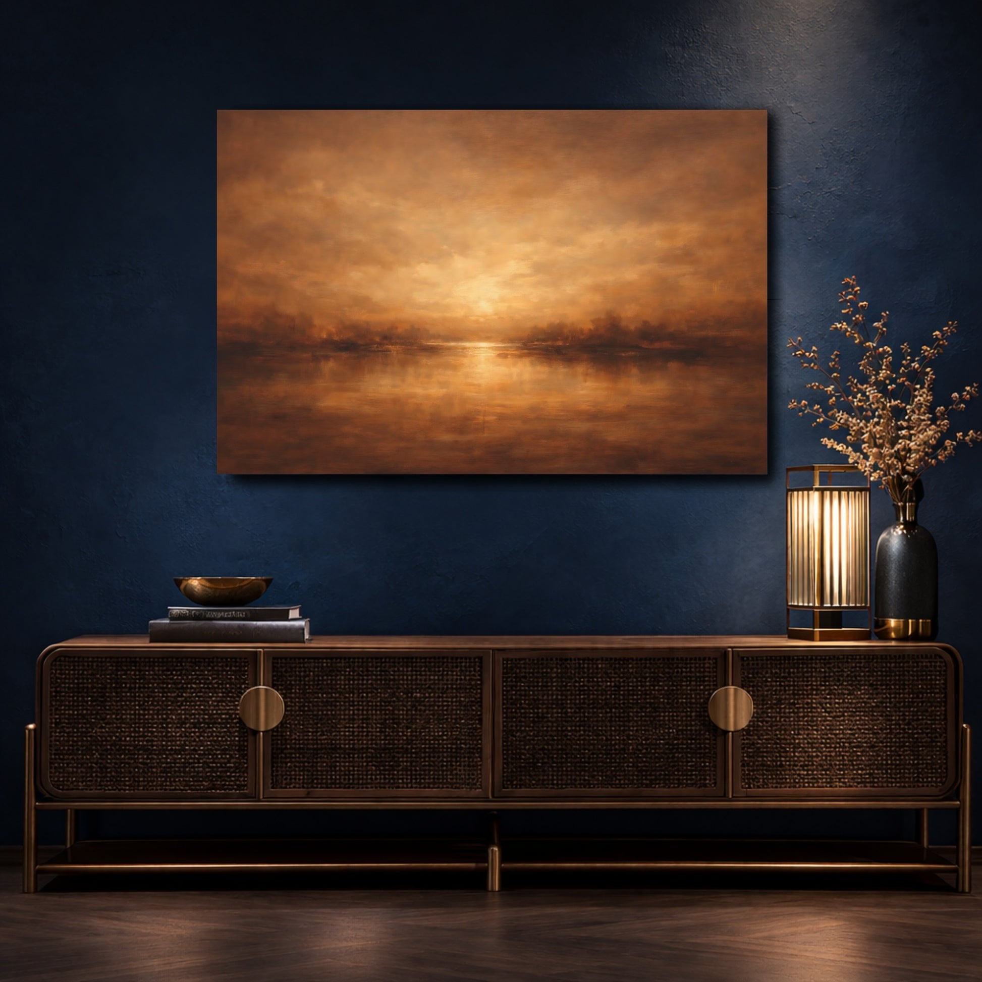 Mockup 4. Nature Lake Sunset Golden Landscape shown as stretched canvas wall art