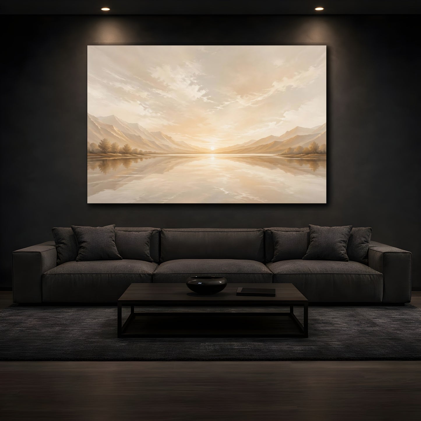 Mockup 4. Nature Lake Sunset Golden Landscape shown as stretched canvas wall art