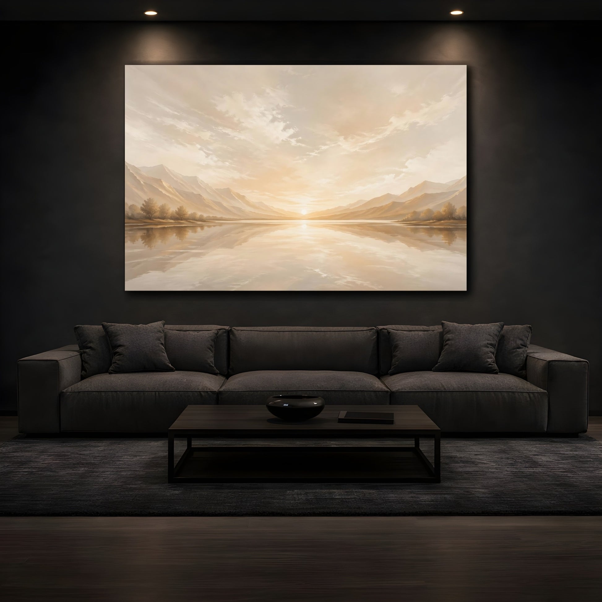 Mockup 4. Nature Lake Sunset Golden Landscape shown as stretched canvas wall art
