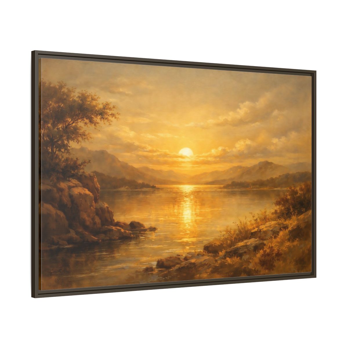 Main Mockup. Nature Lake Sunset Golden Sunset shown as stretched canvas wall art
