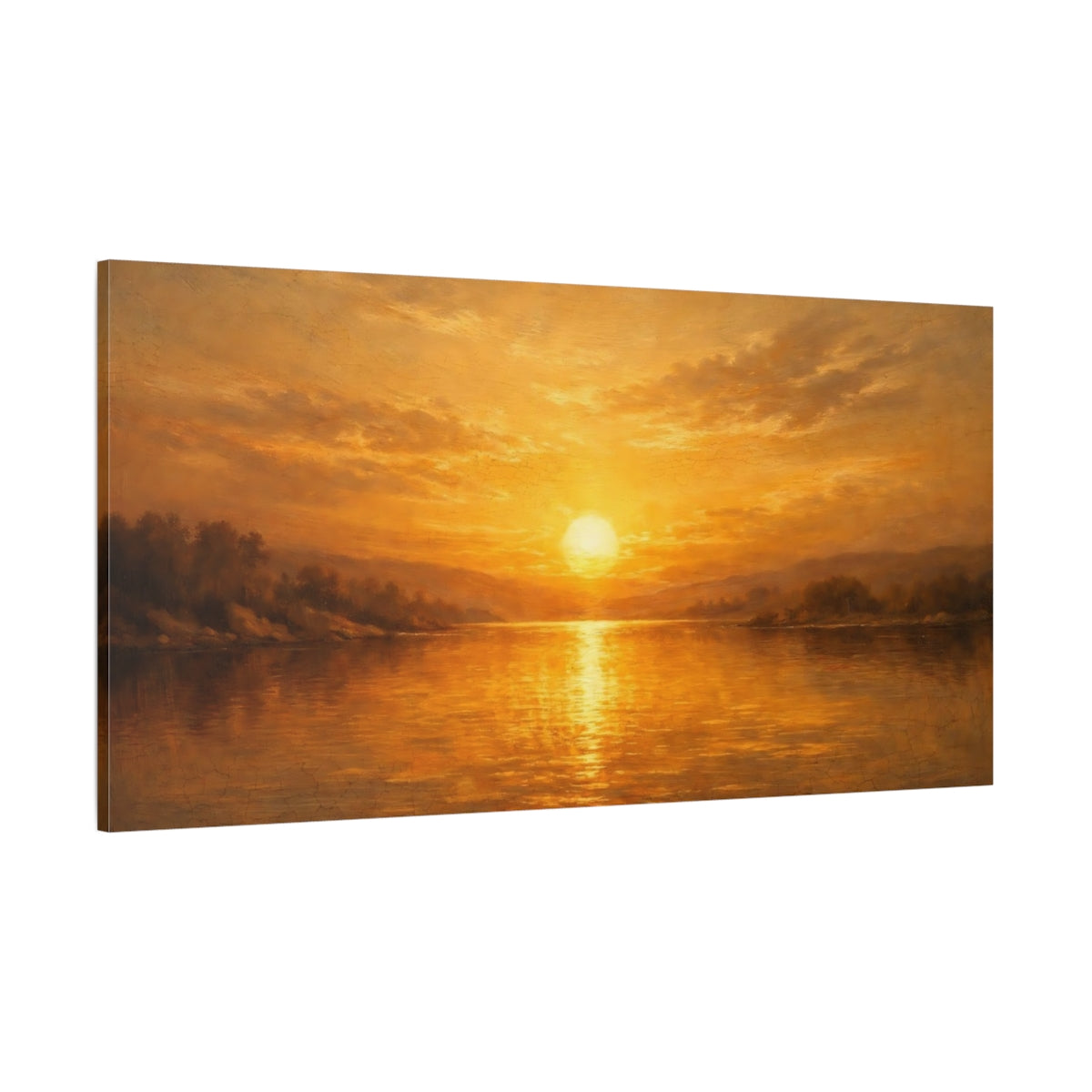 Main Mockup. Nature Lake Sunset Golden Sunset shown as stretched canvas wall art