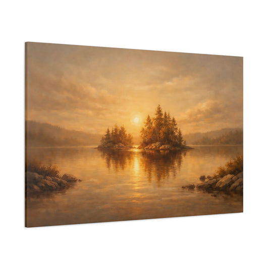 Main Mockup. Nature Lake Sunset Golden Sunset shown as stretched canvas wall art