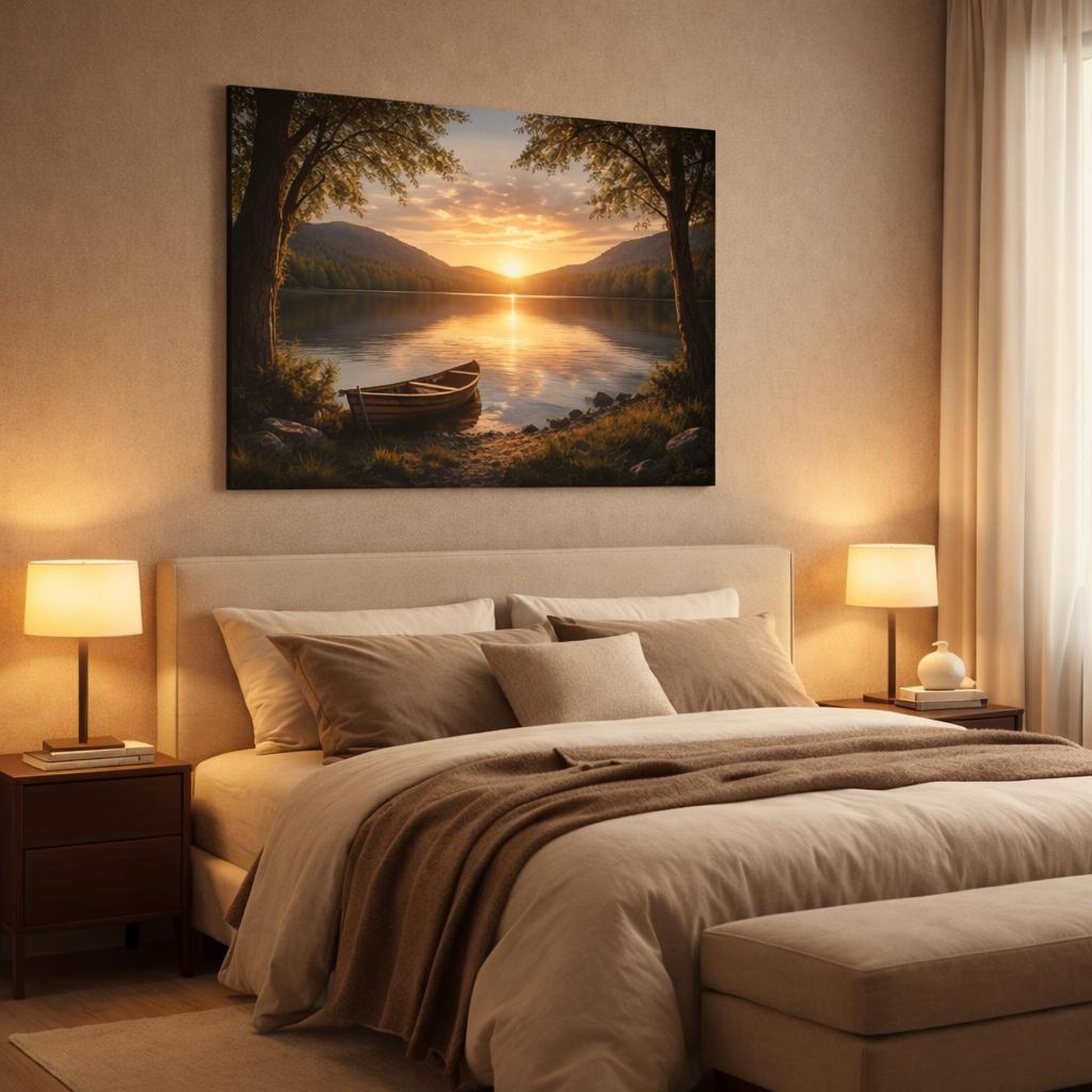 Nature Lake Sunset Golden Sunset Lake shown as canvas wall art in a luxury bedroom