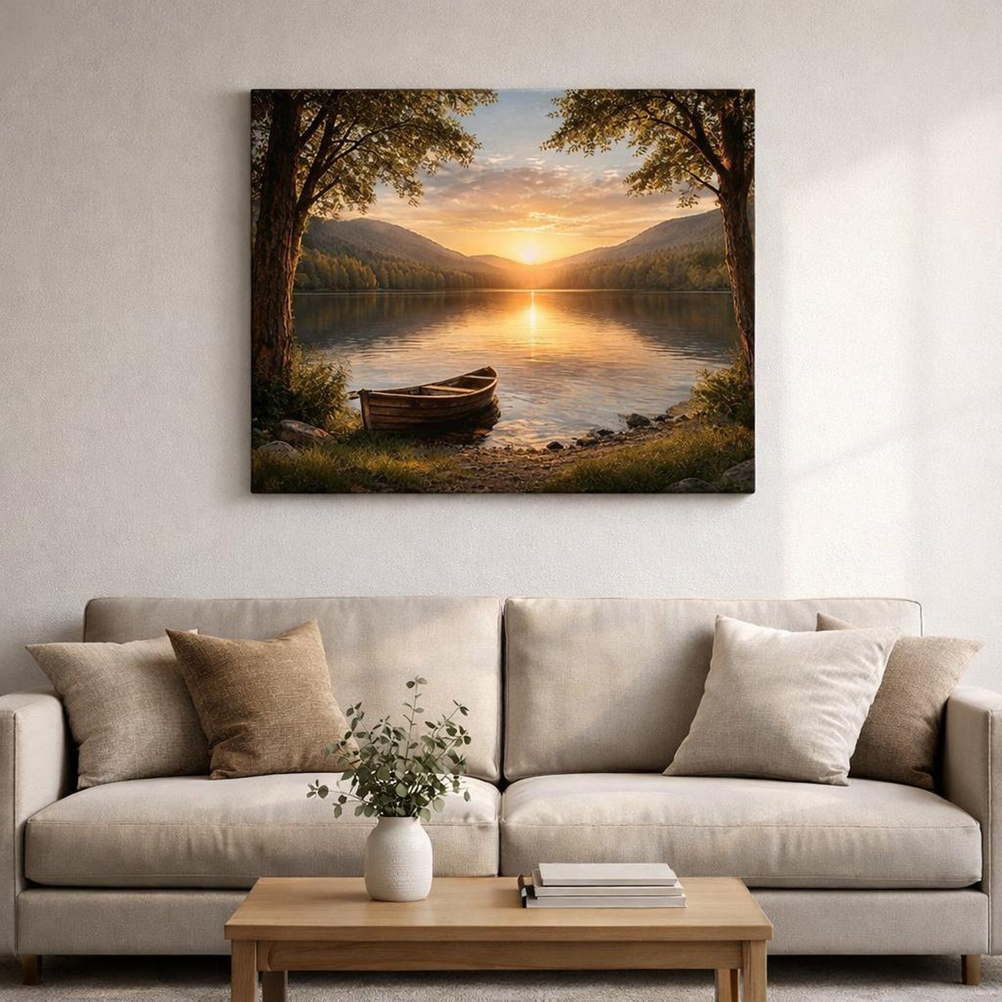 Nature Lake Sunset Golden Sunset Lake shown as canvas wall art in a sophisticated contemporary living space