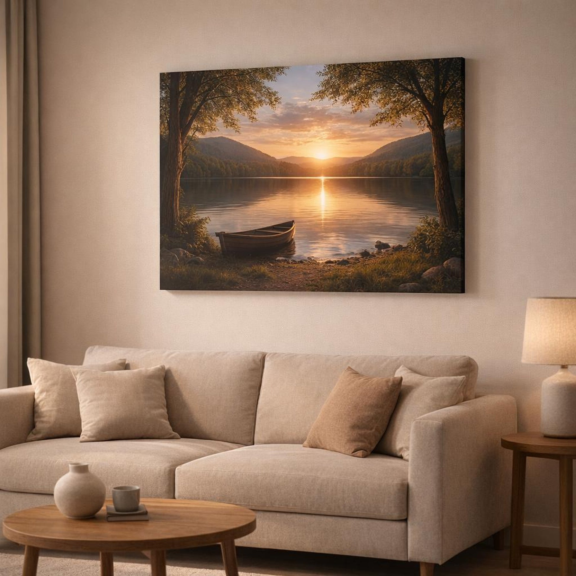 Nature Lake Sunset Golden Sunset Lake shown as canvas wall art in a modern living room