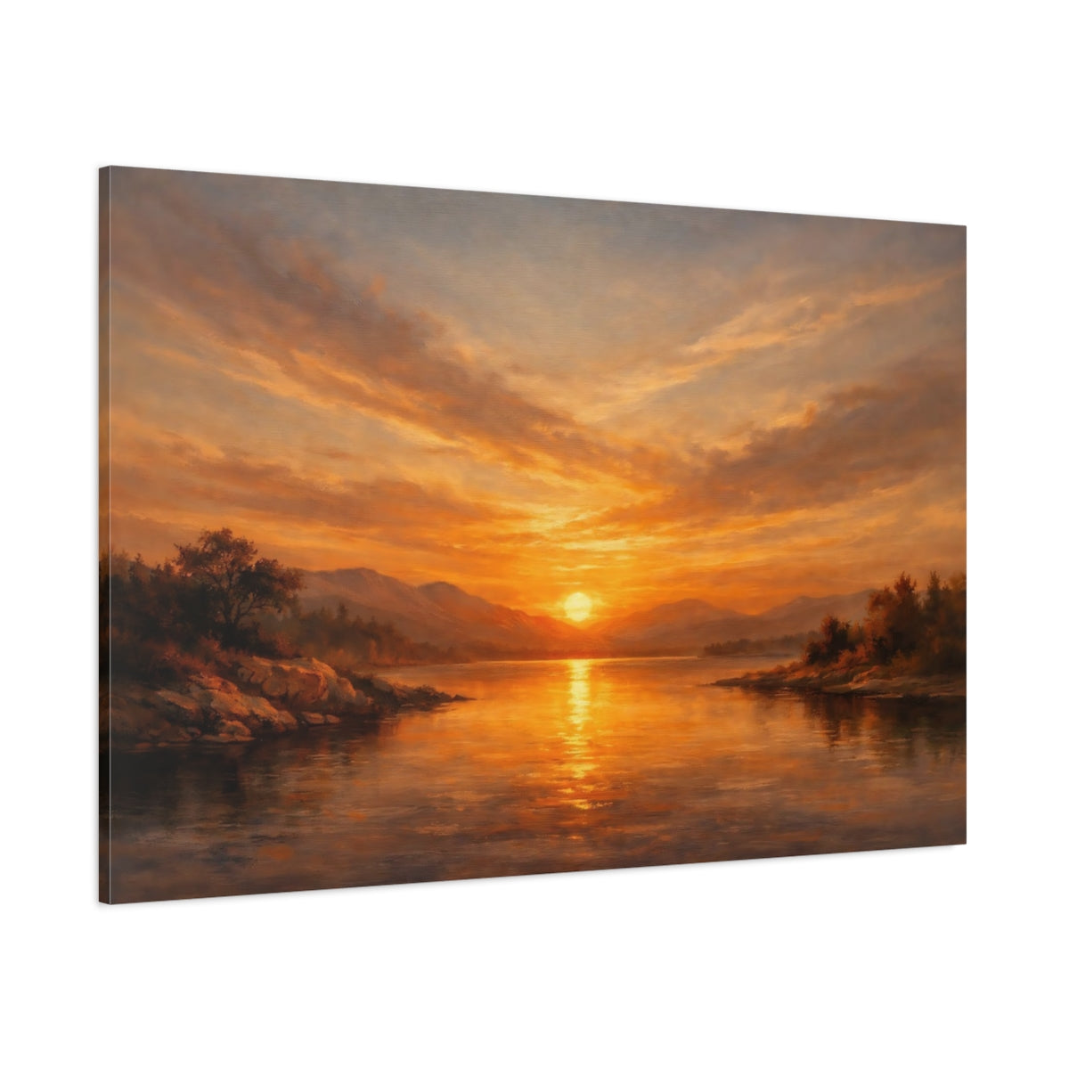 Main Mockup. Nature Lake Sunset Golden Sunset Lake shown as stretched canvas wall art