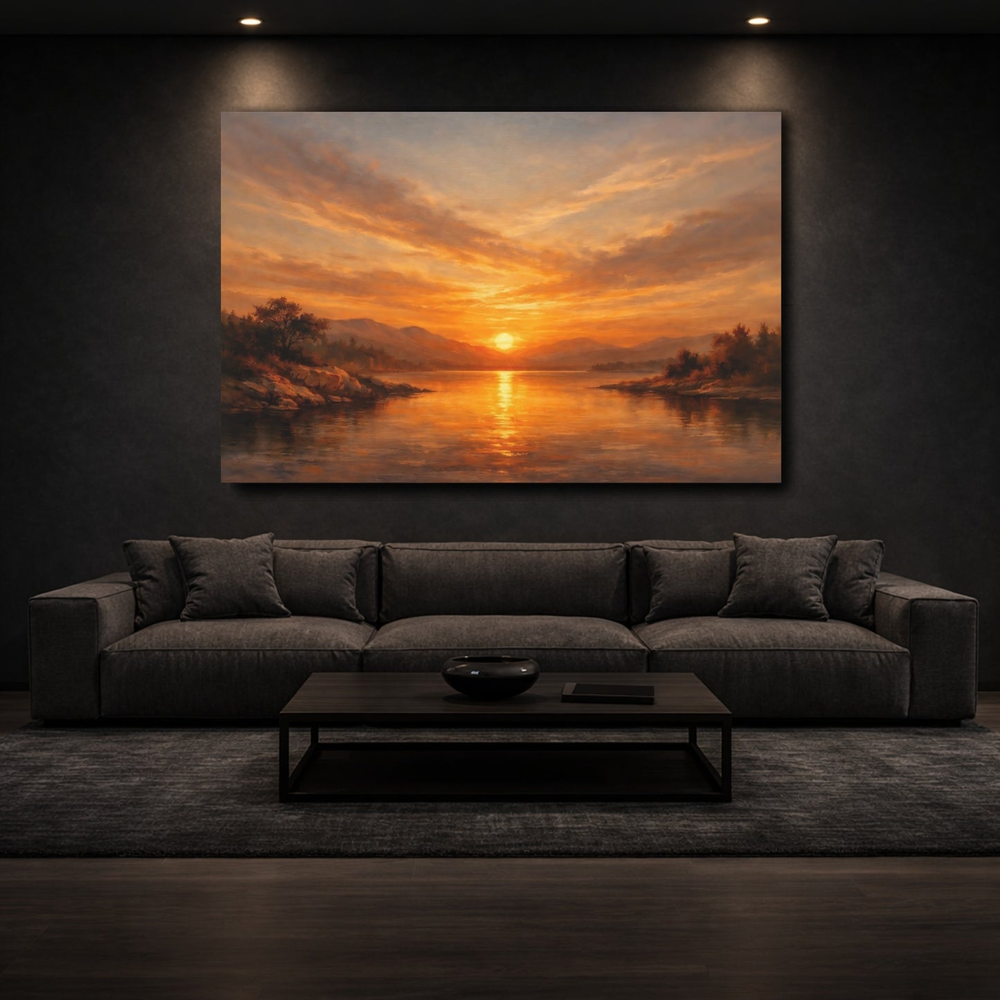 Mockup 2. Nature Lake Sunset Golden Sunset Lake shown as stretched canvas wall art