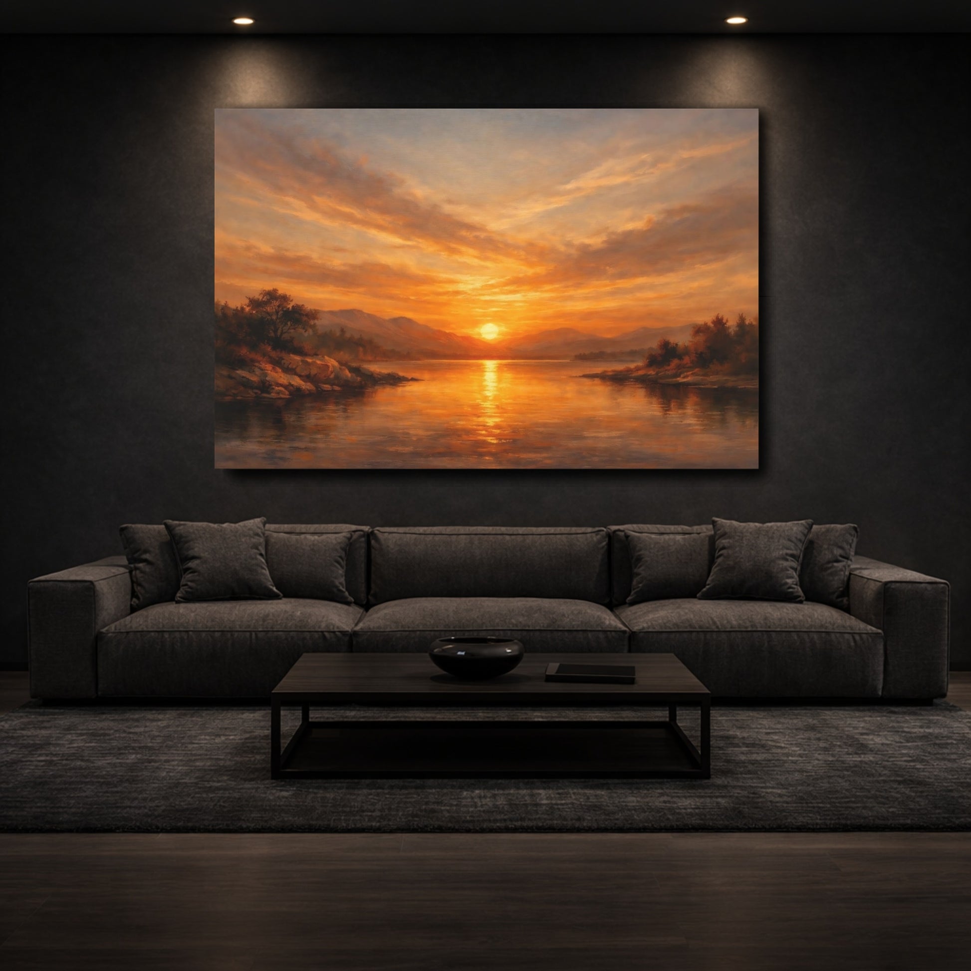 Mockup 2. Nature Lake Sunset Golden Sunset Lake shown as stretched canvas wall art