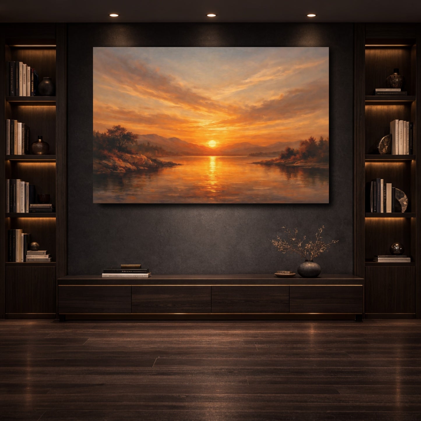 Mockup 3. Nature Lake Sunset Golden Sunset Lake shown as stretched canvas wall art