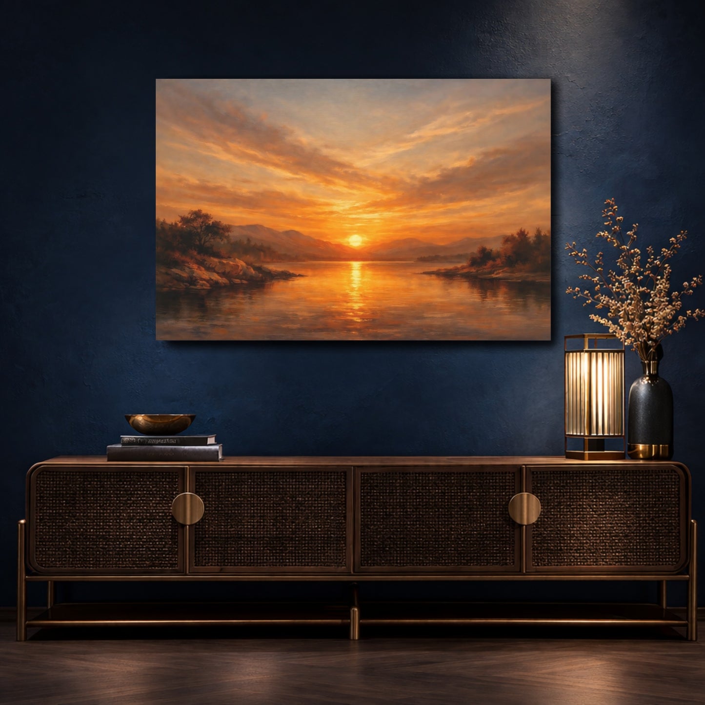Mockup 4. Nature Lake Sunset Golden Sunset Lake shown as stretched canvas wall art