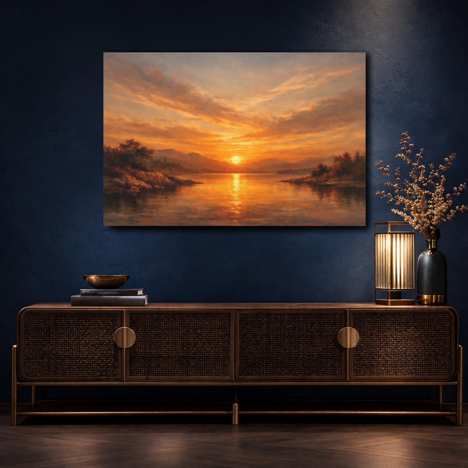 Mockup 4. Nature Lake Sunset Golden Sunset Lake shown as stretched canvas wall art