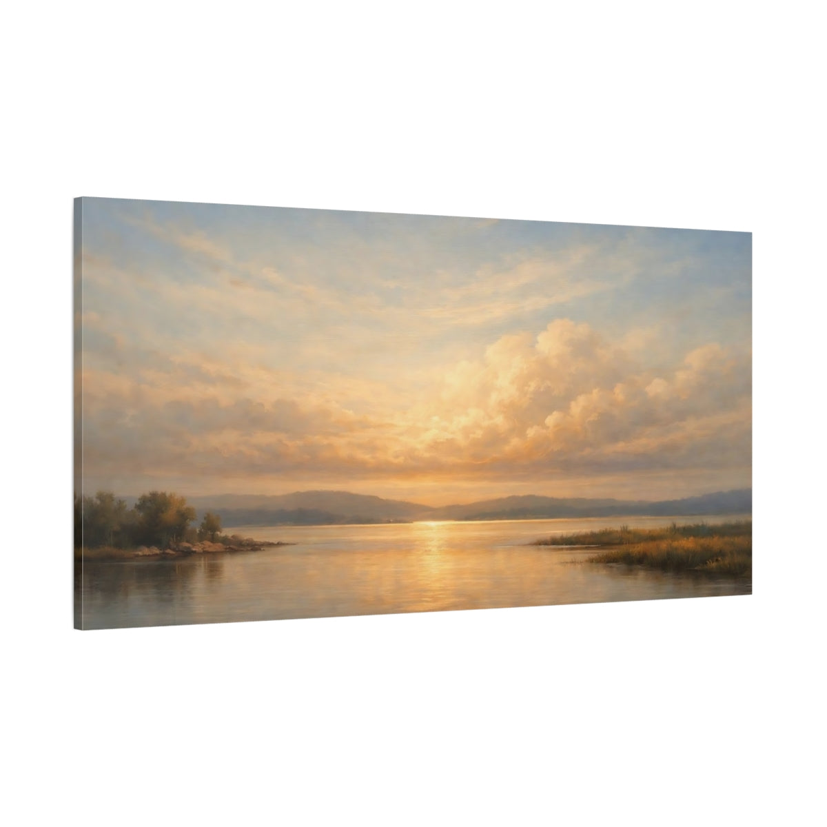 Main Mockup. Nature Lake Sunset Golden Sunset Landscape shown as stretched canvas wall art