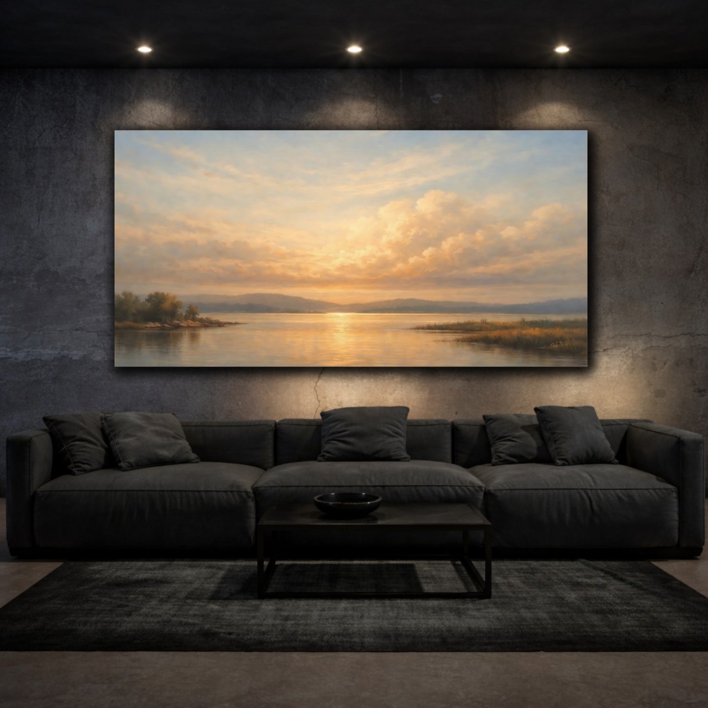Mockup 2. Nature Lake Sunset Golden Sunset Landscape shown as stretched canvas wall art
