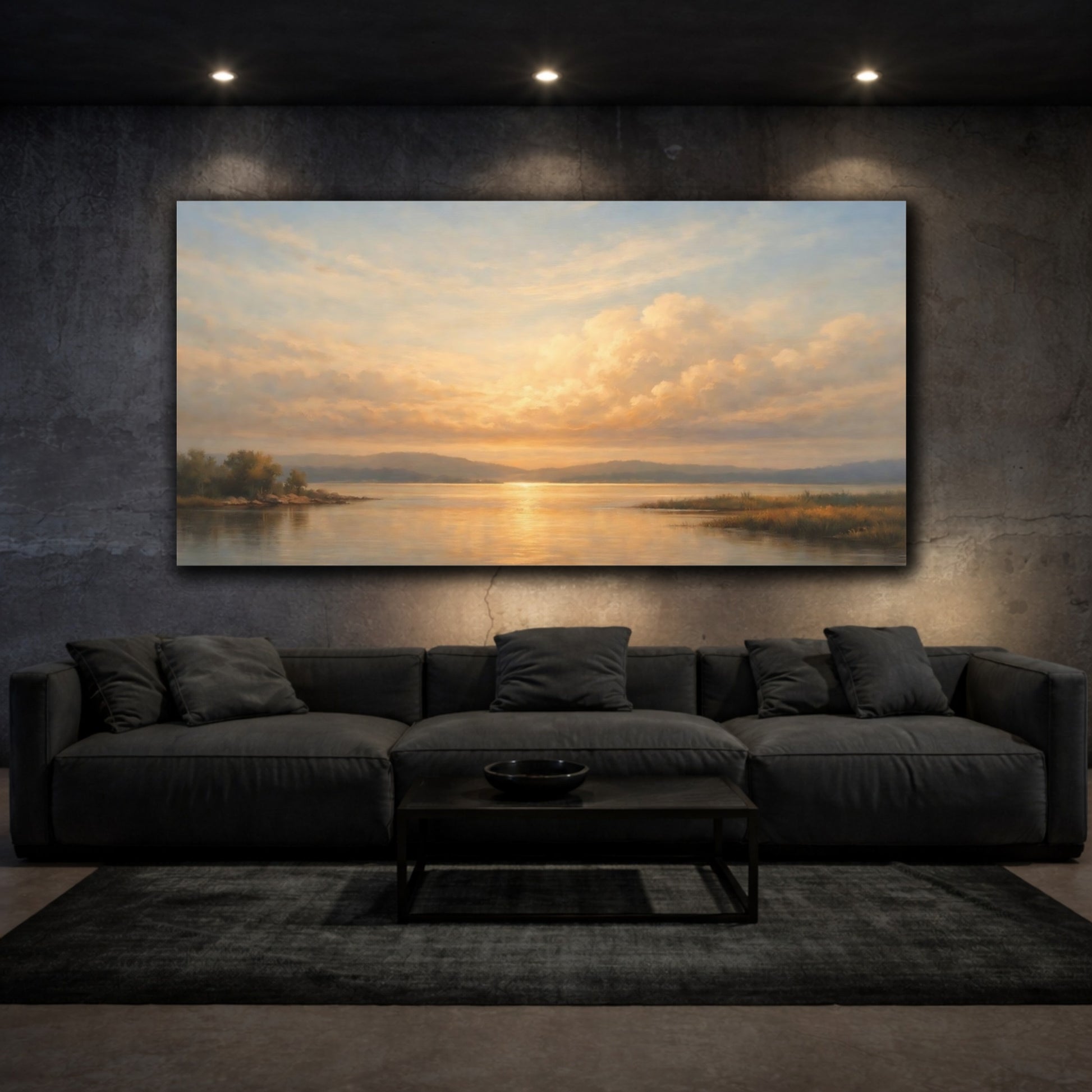 Mockup 2. Nature Lake Sunset Golden Sunset Landscape shown as stretched canvas wall art