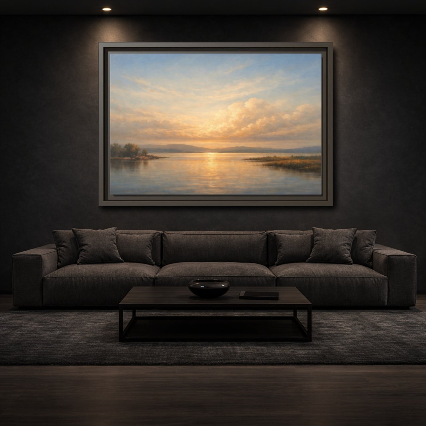 Mockup 2. Nature Lake Sunset Golden Sunset Landscape shown as stretched canvas wall art