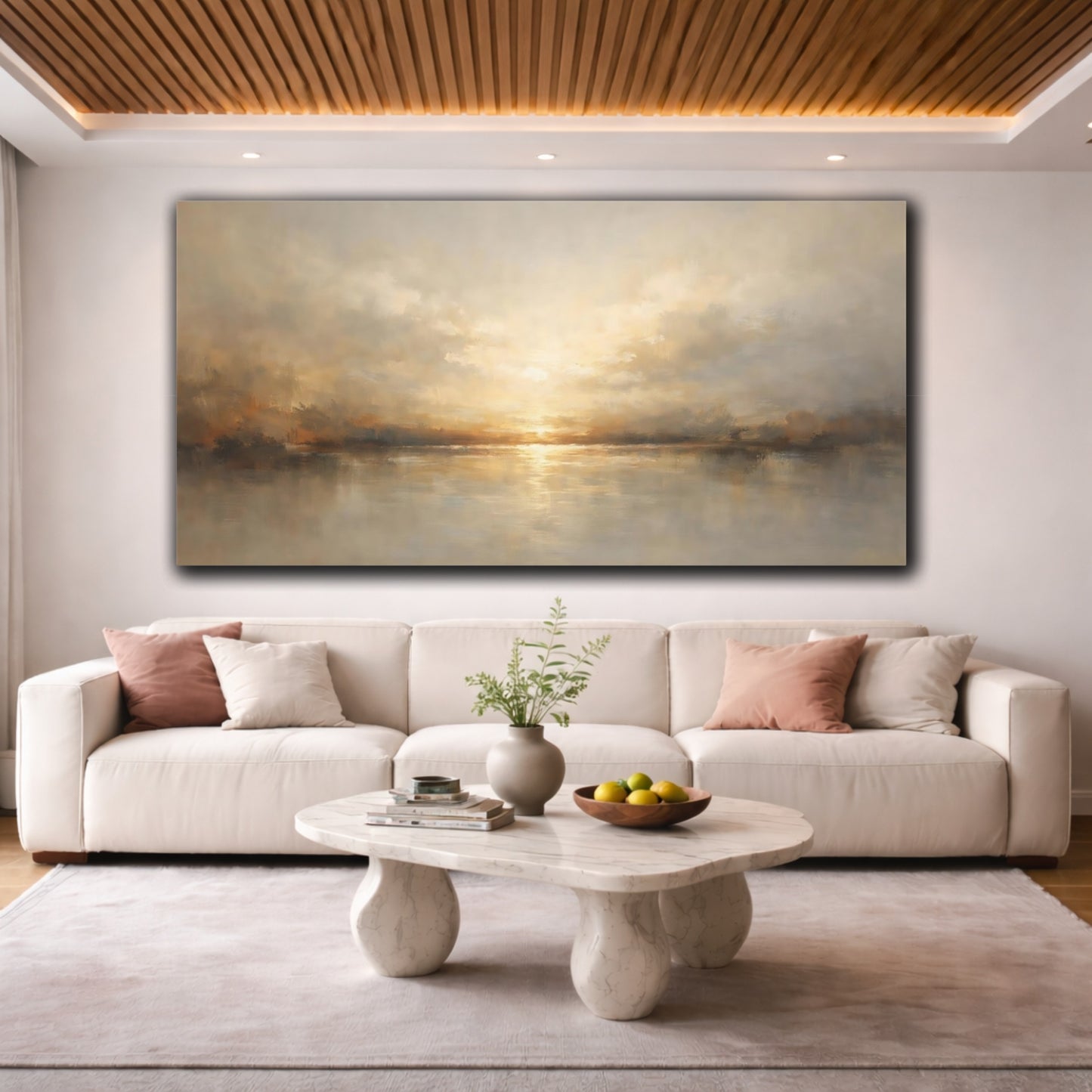 Mockup 3. Nature Lake Sunset Golden Sunset Landscape shown as stretched canvas wall art