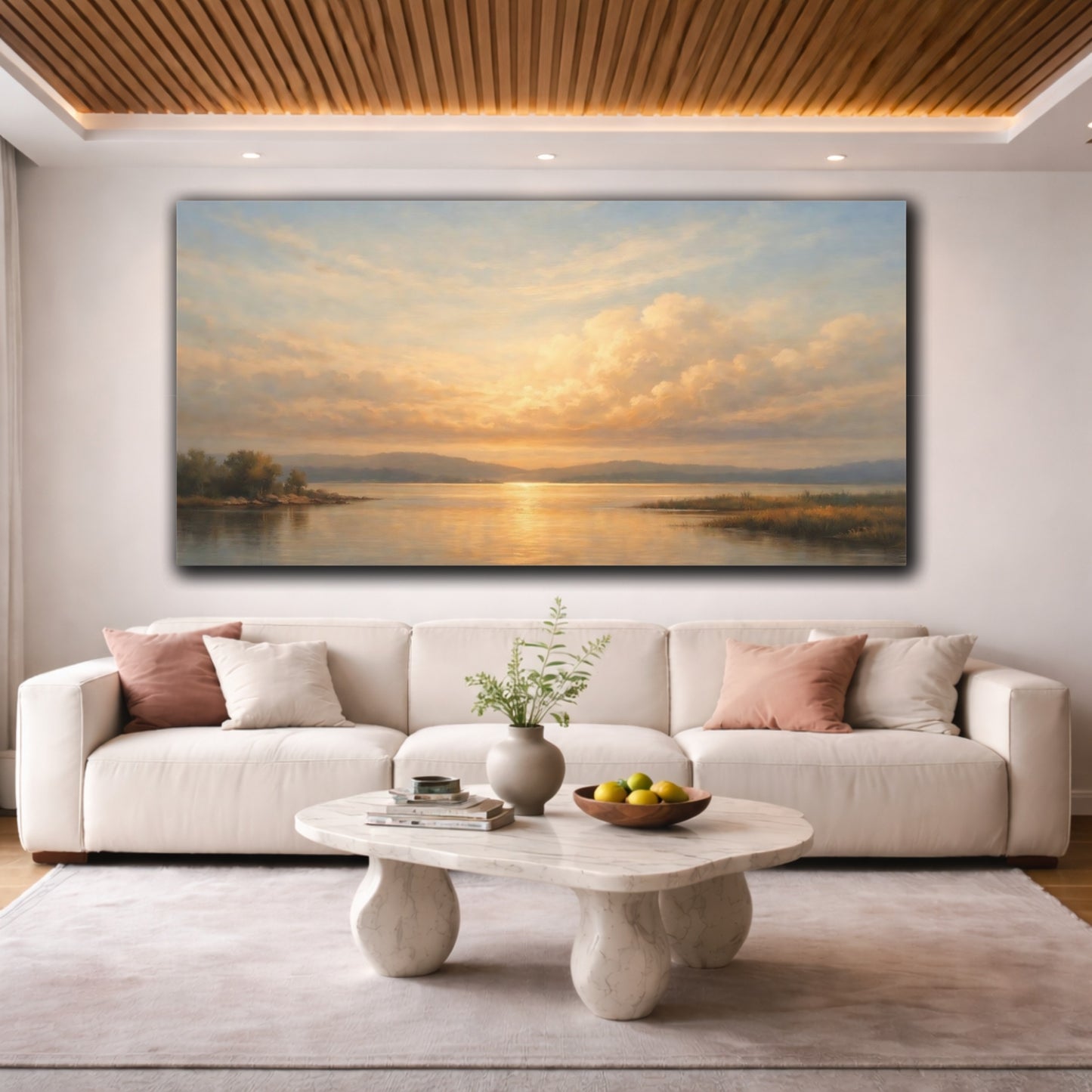 Mockup 3. Nature Lake Sunset Golden Sunset Landscape shown as stretched canvas wall art