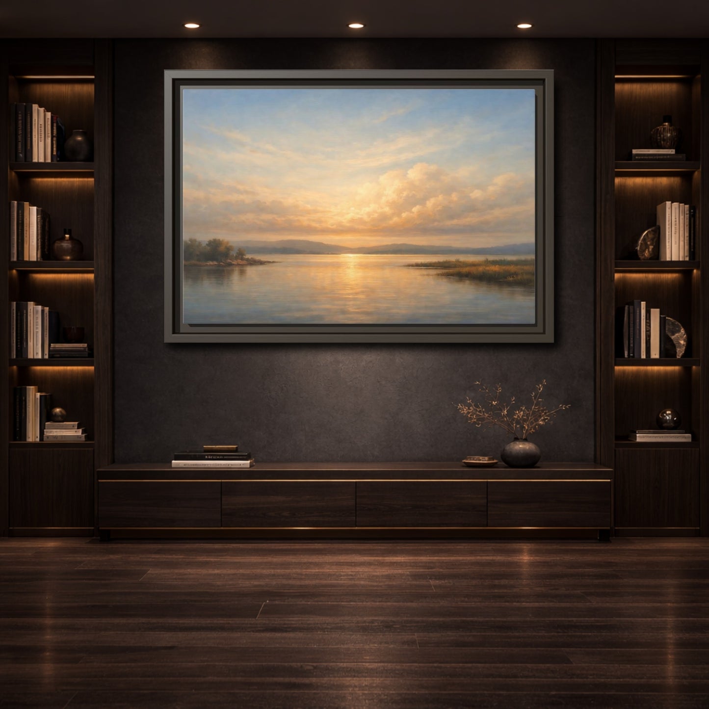 Mockup 3. Nature Lake Sunset Golden Sunset Landscape shown as stretched canvas wall art